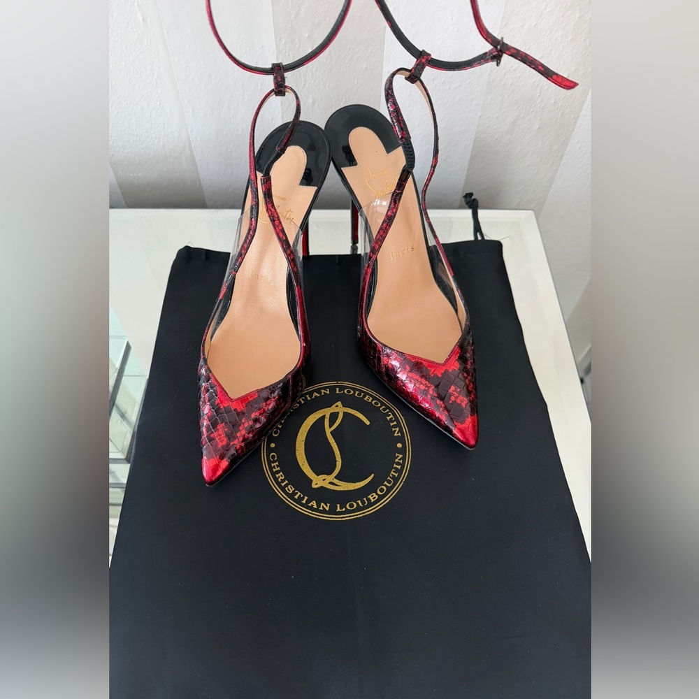 Christian Louboutin Red and Black Patterned Heels - Picture 4 of 10